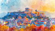 Watercolor touristic card of  Athens