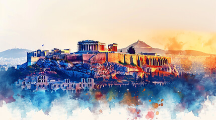 Canvas Print - Watercolor touristic card of  Athens