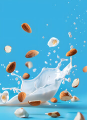 Wall Mural - Almonds splashing into milk. High-speed photography with almonds and milk droplets suspended in air. Food and drink concept with copy space, Almond floating in air and milk splash in the air isolated