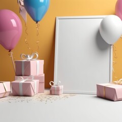 Wall Mural - 3d rendering of a white frame with a gift box and a ribbon 3d rendering of a white frame with a gift box and a ribbon 3d render, birthday, party, birthday, celebration, gift, party, birthday, annivers