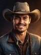 Realistic portrait of a western handsome cowboy young man smiling looking at camera from Generative AI
