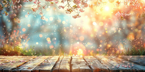 empty wooden table on beautiful  blooming cherry tree background, beige wood table on blurred natural flower spring  background with bokeh light, empty space, product display,banner