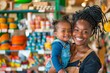 A smiling woman holds a happy toddler in a colorful store