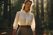 Styled in a classic button-down shirt and pleated skirt, the model's demure smile exudes timeless elegance against a backdrop of sun-dappled forest scenery.