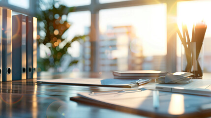 Wall Mural - Workplace in an office with stacks of paper files and documents in folders behind the desk. Document flow and work process organization