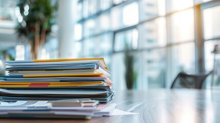 Workplace in an office with stacks of paper files and documents in folders behind the desk. Document flow and work process organization