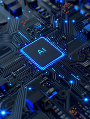 Wall Mural - Artificial intelligence micro chip with text on chip,close-up of circuit board chip, future , smart city , ai chip,gpt,Image generation