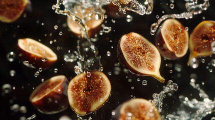 Wall Mural - Flying in air fresh ripe whole and cut Figs with splash