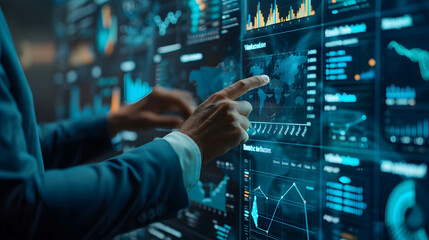 Businessman or investor or manager using AI technology for data analytics, investing or trading in stock and currency, plan and define strategy in business