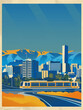 American southern city poster with skyscrapers and transport, vertical frame
