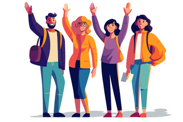 Wall Mural - Group of happy people standing together, waving and inviting new customer, colleague. Concept of happy multiethnic team welcome newcomer. Flat vector cartoon illustration isolated on white