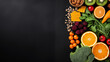 Fruits, Vegetables And Seeds On A Black Table - Top View
