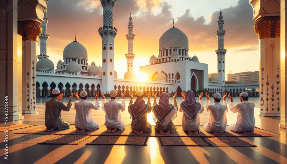 Muslims in the ritual of Islamic prayer namaz,kneeling in an Islamic ...