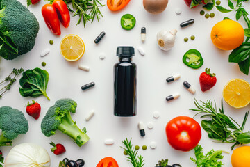 dietary supplements in plastic bottle on white background with fresh fruits and vegetables. Top view. Capsules and pills of food nutrition supplements and vitamins. Dieting, detox. Pharmacy