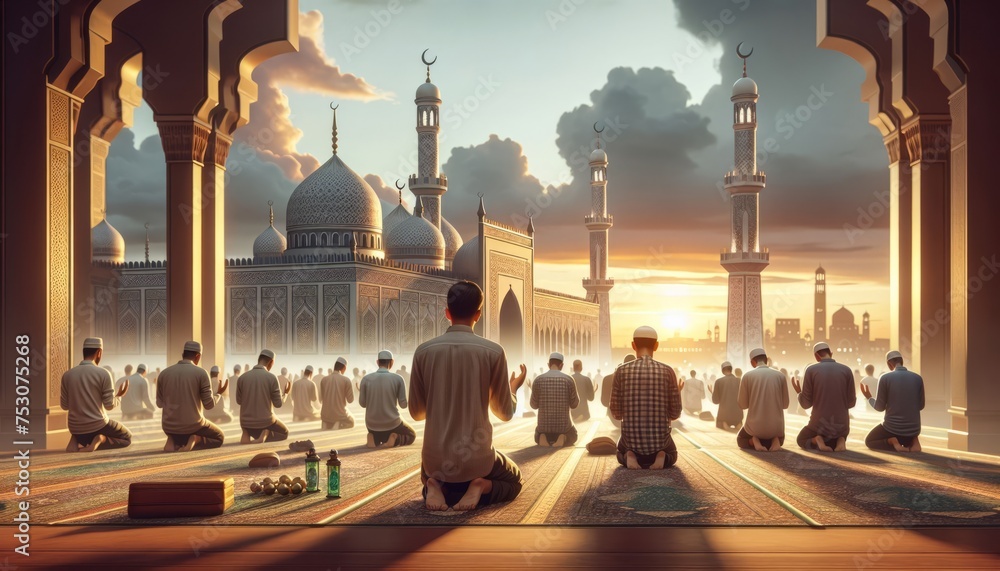 Muslims in the ritual of Islamic prayer namaz,kneeling in an Islamic ...