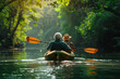 Rear view of cheerful elderly couple tandem kayaking down a tranquil river, surrounded by lush greenery, and the gentle flow of the water. Soft morning light filtering through the trees