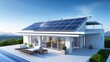 Solar panel system on the roof of a futuristic smart home. Renewable energy concept.