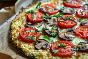 Wall Mural - Healthy, gluten free cauliflower crust pizza with tomatoes, mushrooms and cheese 