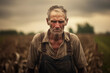 Exhausted farmer, sweat trickling down his furrowed brow, hands calloused from years of tending to land. Generative AI