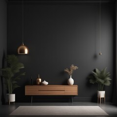 Sticker - interior design for home, living room, black and white, black wall, lamp, 3d rendering interior design for home, living room, black and white, black wall, lamp, 3d rendering dark wall in living room w