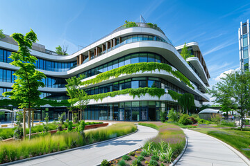 Sustainable finance building with green technology and low carbon footprint. Sustainable green building. Eco-friendly building. Green architecture.