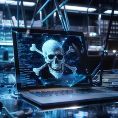 Skull and crossbones on a computer screen - symbolic of cybersecurity threats - Generative AI