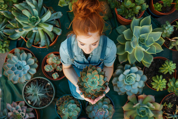 Wall Mural - gardener with a collection of succulents, top view, isolated on a nurturing green background, emphasizing care and growth