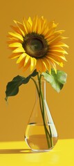 a lone sunflower extends proudly in a clear vase with water, set against a warm yellow background.