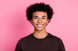 © deagreez - Closeup photo of young cheerful guy in brown t shirt toothy beaming smile model with funny chevelure isolated on pink color background
