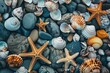 Starfish and seashells on seashore - beach holiday background. 