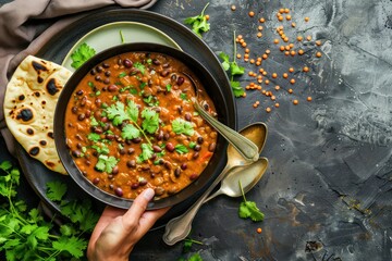 Wall Mural - Traditional Indian Punjabi dish Dal makhani with lentils and beans in black bowl served with naan flat bread, fresh cilantro and two spoons on brown concrete rustic table top view. 