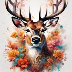 Sticker - watercolor illustration with deer, abstract background. watercolor illustration with deer, abstract background. deer with colorful flowers on head, watercolor painting