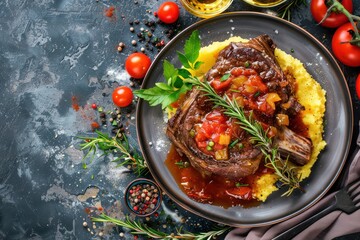 Wall Mural - Traditional Italian dish Ossobuco all Milanese made with cut veal shank meat with vegetable tomato sauce served with corn polenta on ceramic plate top view on rustic stone background. 