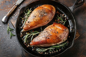 Wall Mural - Two roasted duck breast fillets with crispy skin, with pepper and rosemary, top view in black cast iron pan with knife, dark brown concrete rustic background. 