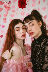 Two female models pose closely, one in pink ruffled dress and one in a sheer black sequined outfit, against a heart-patterned background