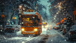 Bus on snowy streets in winter.