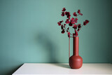 Fototapeta Tulipany - Blooming branch in a modern ceramic vase on a white table. Space for your text.
