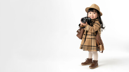 Wall Mural - a studio portrait picture of little asian girl dressed up as a Photographer isolated on white background 