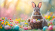 Cute Easter bunny holding a basket with colorful Easter eggs among green grass and bright spring flowers
