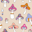 Funny hippie mushroom seamless pattern. Groovy retro style background, texture. Creative mushrooms vector illustration
