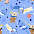 Seamless childish pattern with funny dogs astronauts. Space texture with cute pets. Vector illustration