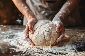 Hands kneading dough on a wooden surface with flour