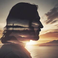 Jesus Christ silhouette with the sunset coast.