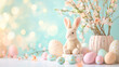 Cute toy Easter bunny on a podium with Easter eggs in soft pastel colors against the background of spring flowers, copy space on the left