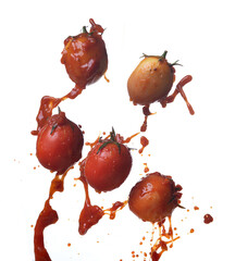 Wall Mural - tomatoes in red juice splash isolated on a white background