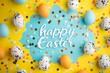 Colorful Easter Egg Basket Christian. Happy easter large easter basket bunny. 3d Congratulations Card hare rabbit illustration. Cute sunflower festive card banter copy space wallpaper backdrop