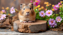 Cute Little Gerbil Sitting On A Wooden Stump With Flowers.