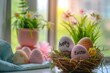 © Leo Rohmann - Colorful Easter Egg Basket Easter. Happy easter Egg-themed games bunny. 3d chuckling hare rabbit illustration. Cute easter bonnet festive card radiating happiness copy space wallpaper backdrop