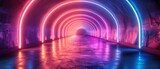 Fototapeta  - Taking a look at 3D futuristic sci-fi empty space pathways with neon blue and purple light strips in cyberpunk colours