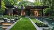 Modern style house with garden, geometric design, large lawn, modern furniture in forest